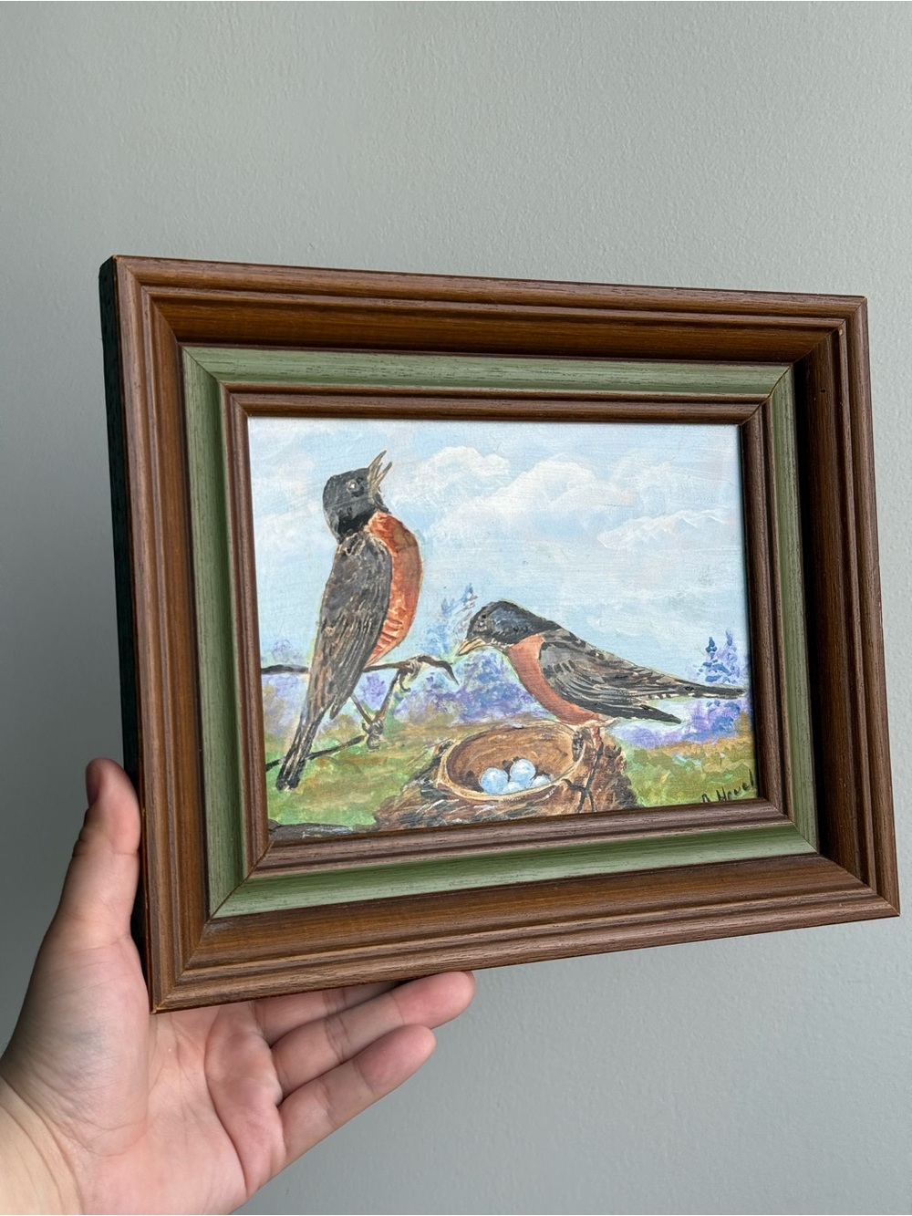 6x8" Nesting Robin Pair Handmade Painting in Double Grain Wood Frame Wall Art